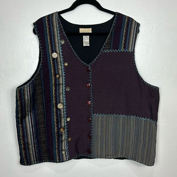 Cedar Canyon Vintage V-neck Button Front Patchwork Vest Size 1X - Picture 1 of 6